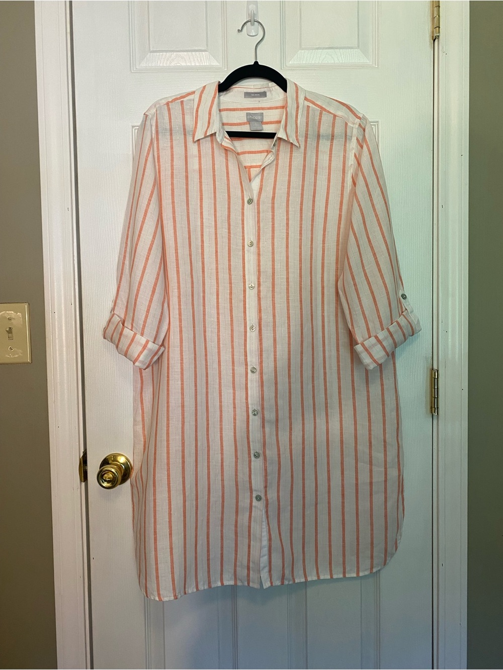 Chico's White Shirt Dress with Peach Stripes Button-Down Sz 3 / US 16